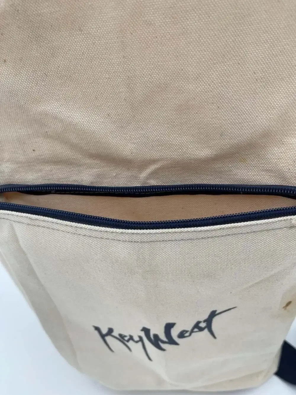 Vintage Key West Canvas Duffle‎ Bag, Cream/Navy Blue, Souvenir Travel Tote